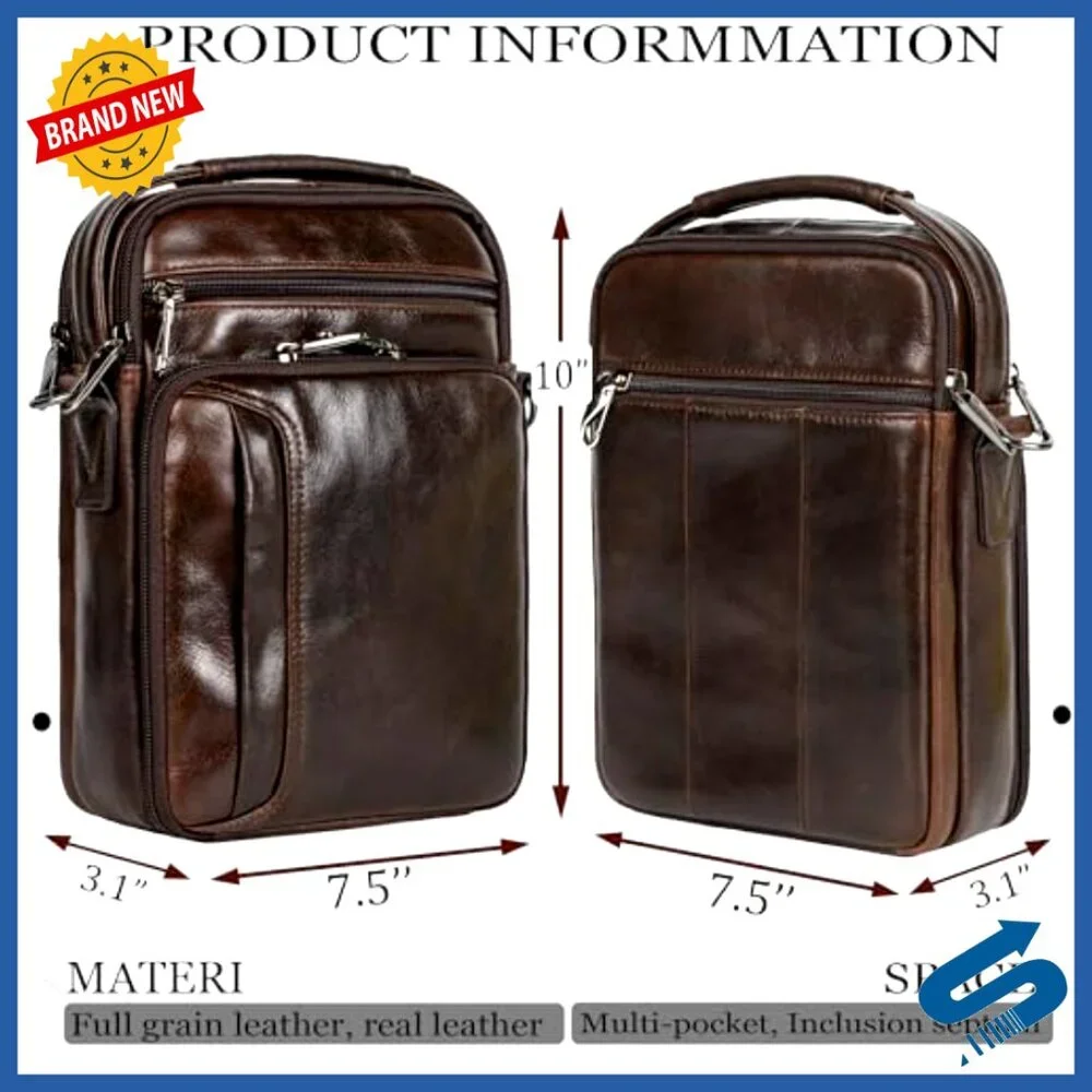 Genuine Leather Messenger Bag, Adjustable Strap, 6 Pockets, Travel Organizer